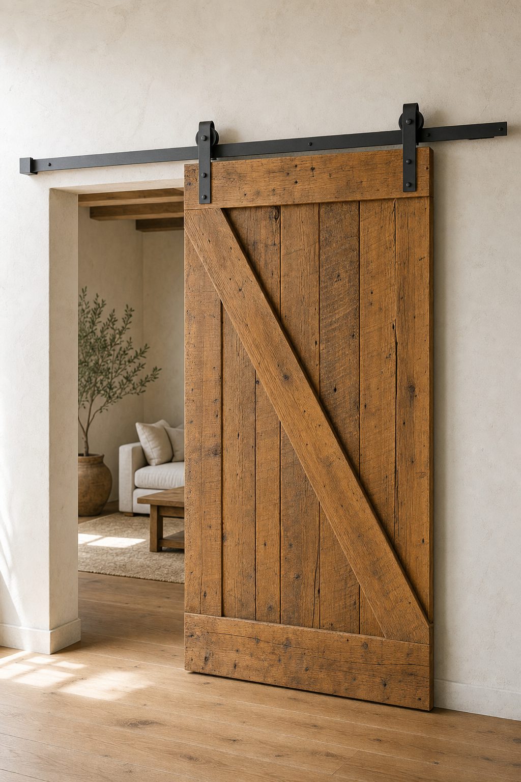 Reclaimed oak sliding barn door on black flat-track hardware against a plaster wall