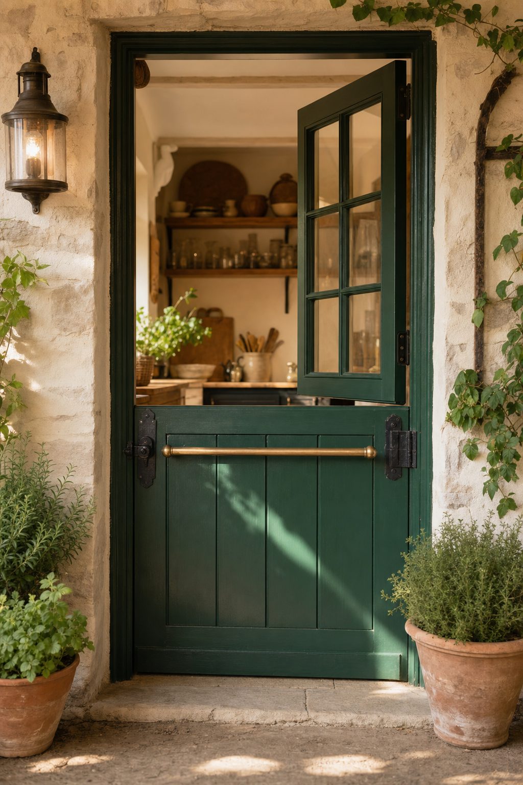 Forest green Dutch door with its top half open, brass shelf and black iron hardware