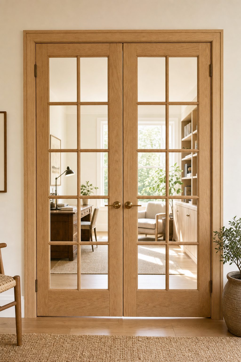 Pair of white oak French doors with ten divided glass lites opening into a sunlit study