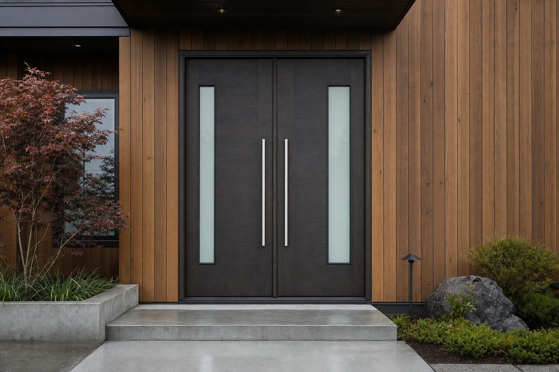 Modern double entry doors in near-black mahogany with narrow frosted glass slots and long stainless pulls