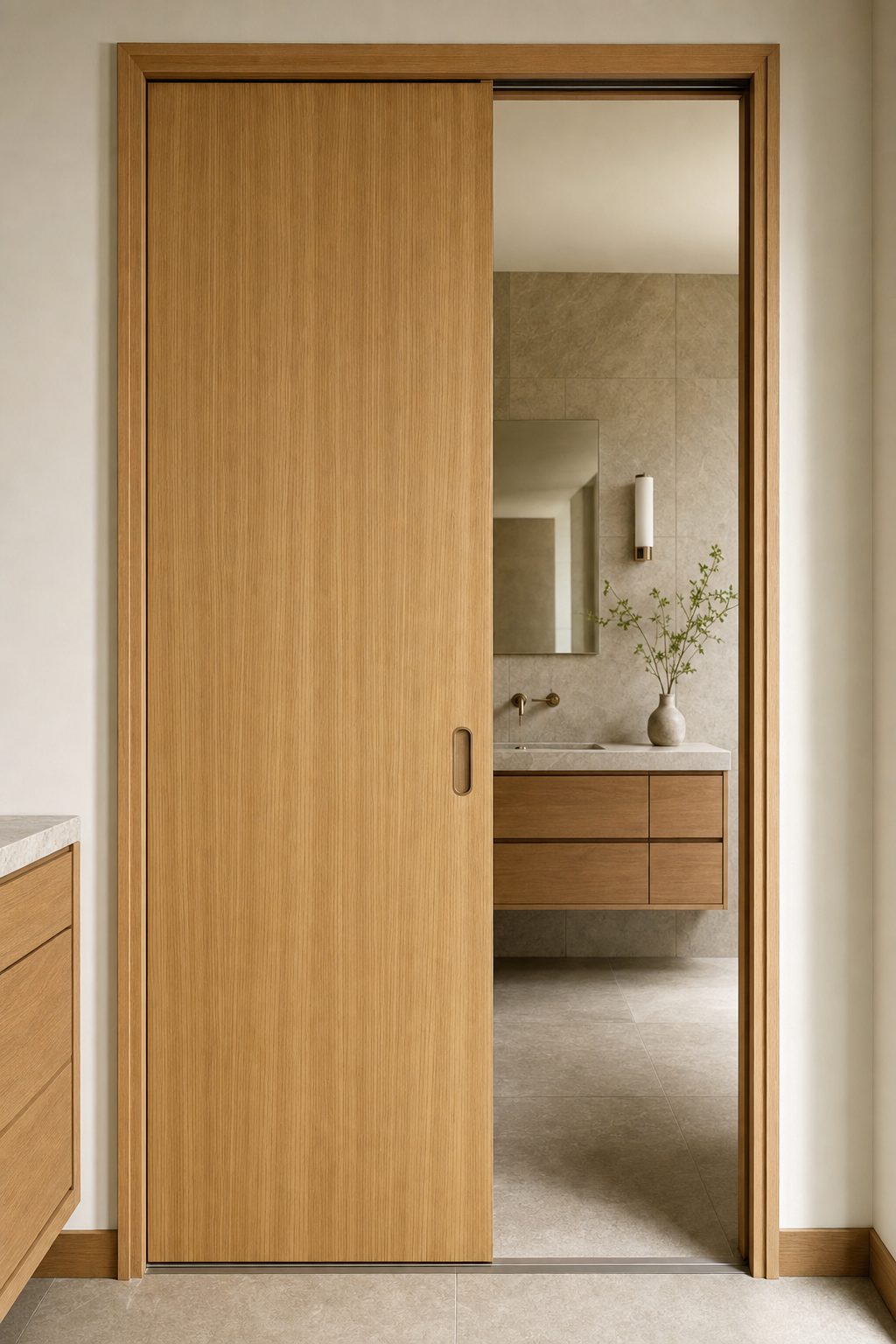 Flush rift-sawn white oak pocket door sliding open to a minimal bathroom