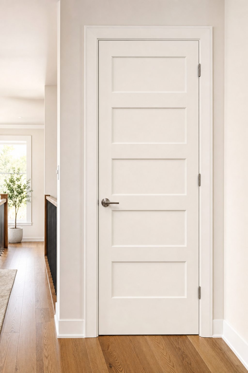 Five panel painted white shaker interior door in a bright hallway with oak floors