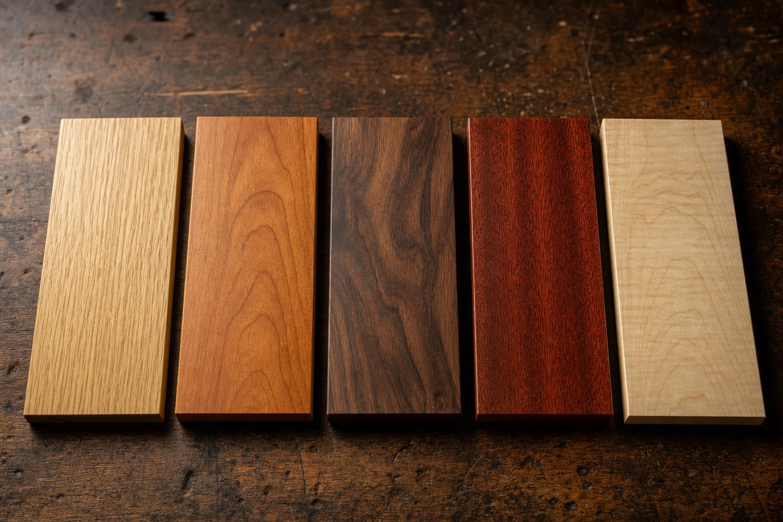 Five finished hardwood samples on a dark workbench: white oak, cherry, walnut, mahogany and maple