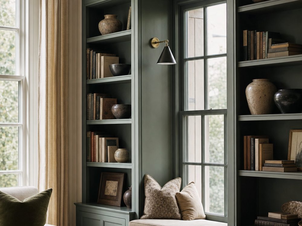 Custom floor-to-ceiling painted built-in bookcase with a window seat in a century home living room
