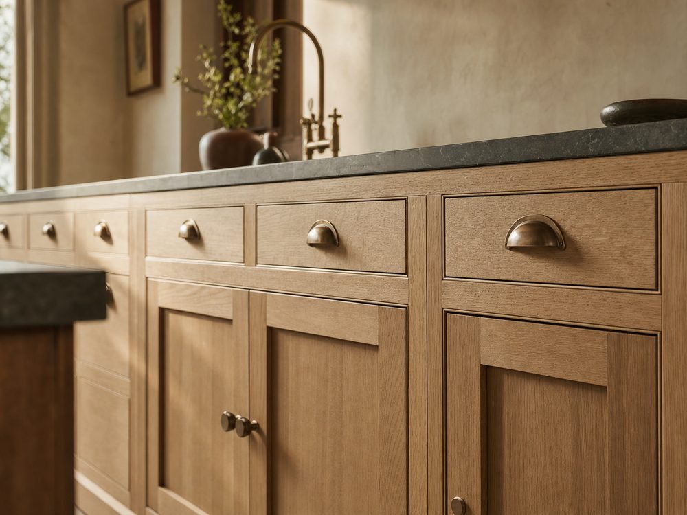 Custom rift-sawn white oak shaker kitchen cabinetry with inset doors and brushed bronze cup pulls under a soapstone counter