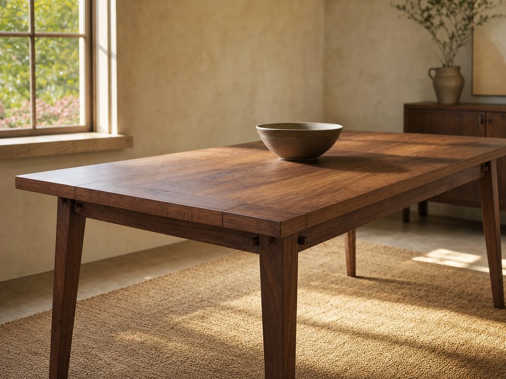 Handmade solid black walnut dining table with breadboard ends and tapered legs in a sunlit room
