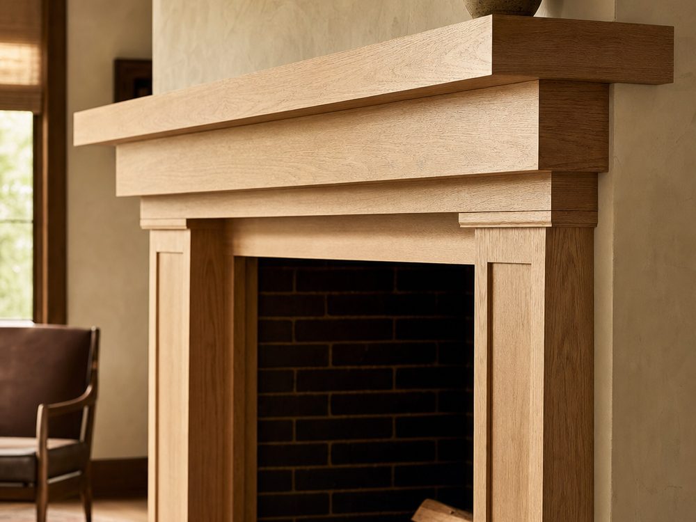 Custom solid white oak fireplace mantel and surround with tapered pilasters above a dark brick firebox