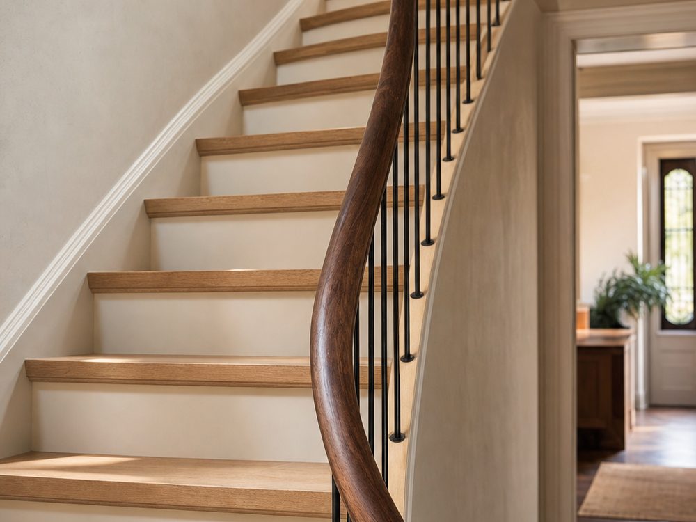 Custom curved staircase with white oak treads and a hand-shaped walnut handrail with slim black metal balusters