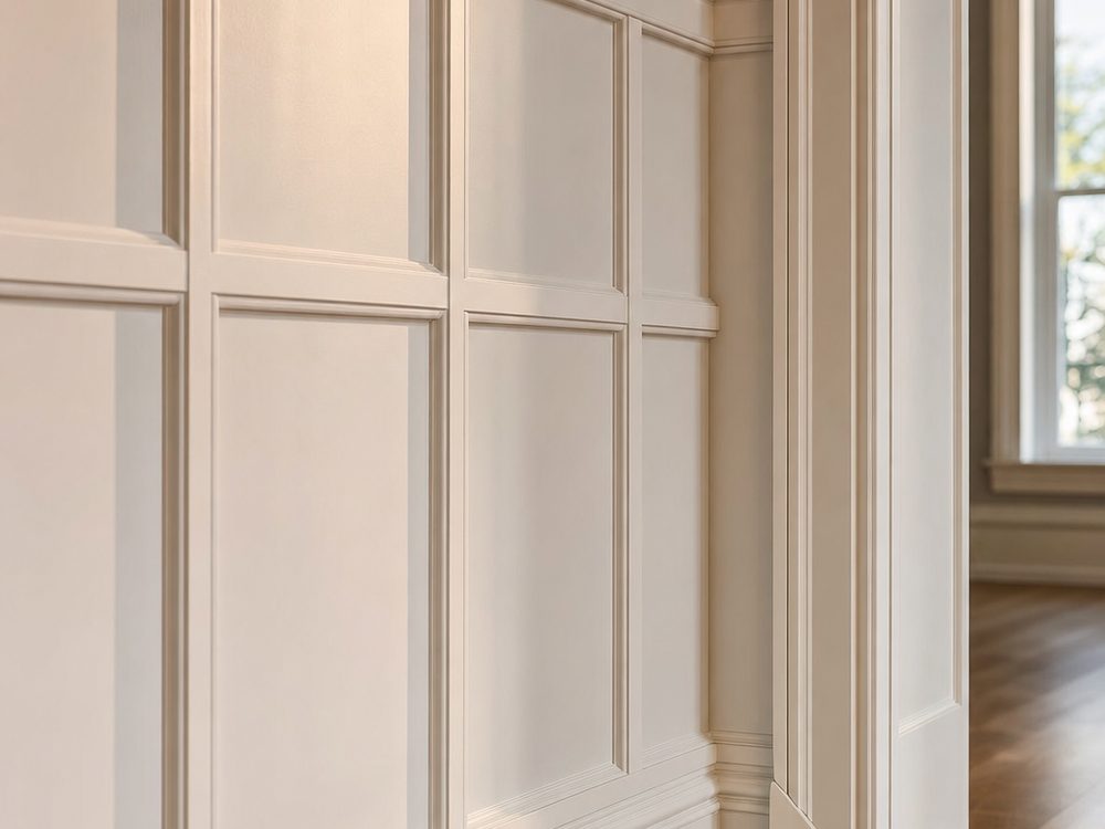 Custom square-grid wainscoting with applied moulding, deep baseboard and substantial door casing in a century home hallway