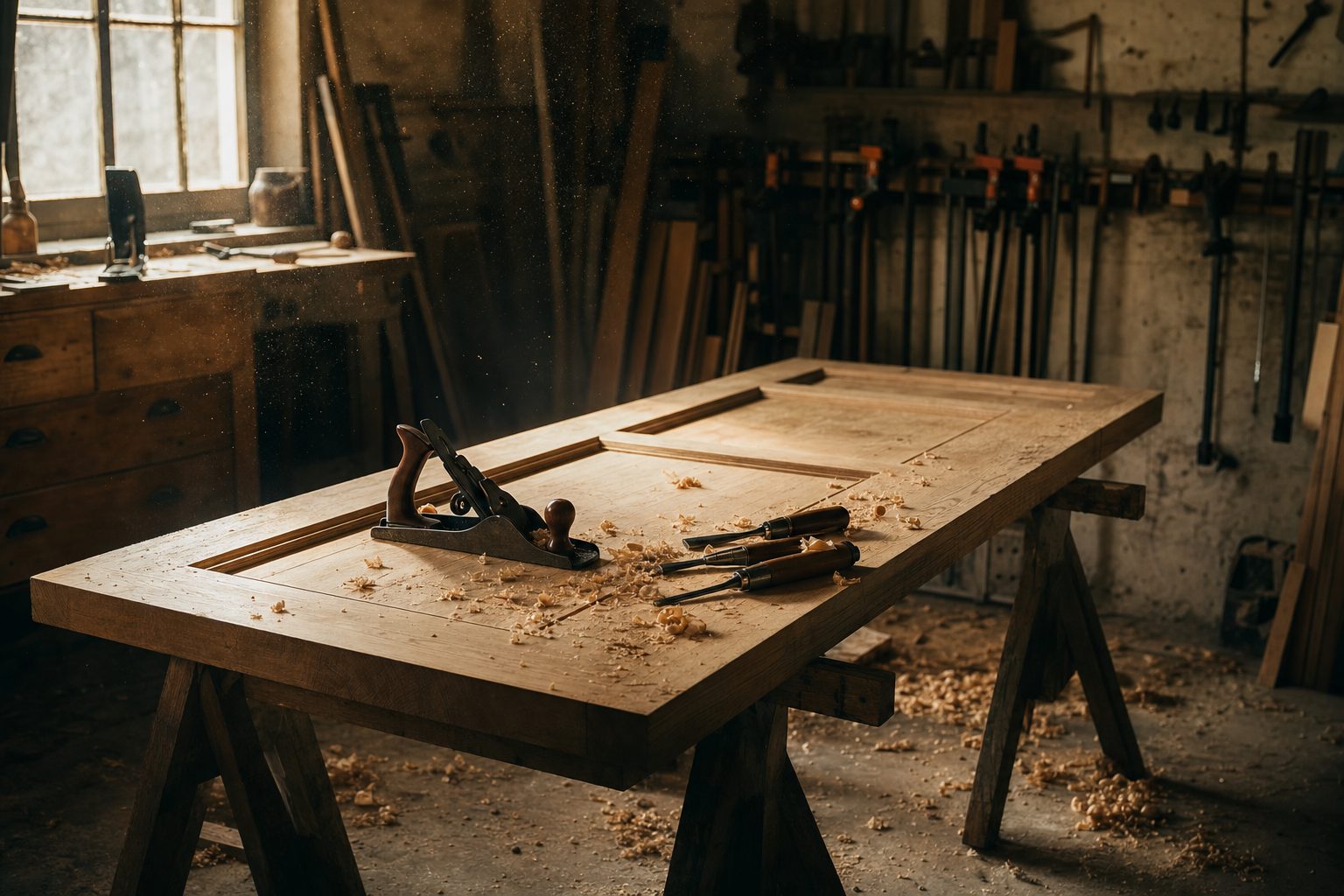 Door slab on sawhorses in a woodworking shop with a hand plane, chisels and wood shavings in shafts of light